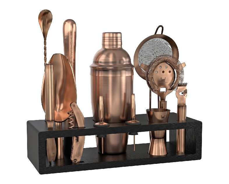 Highball & Chaser 13-Piece Cobbler Cocktail Shaker Set Matte Copper Stainless Steel Bartender Kit For Home Bar Cocktail Set Laser Engraved Cocktail Tools Plus E-Book with 30 Different Cocktail Recipes