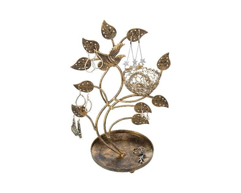 MyGift 14-Inch Bronze-Tone Tree & Bird Nest Earring Stand Jewelry Tower with Ring Trinket Organizing Tray