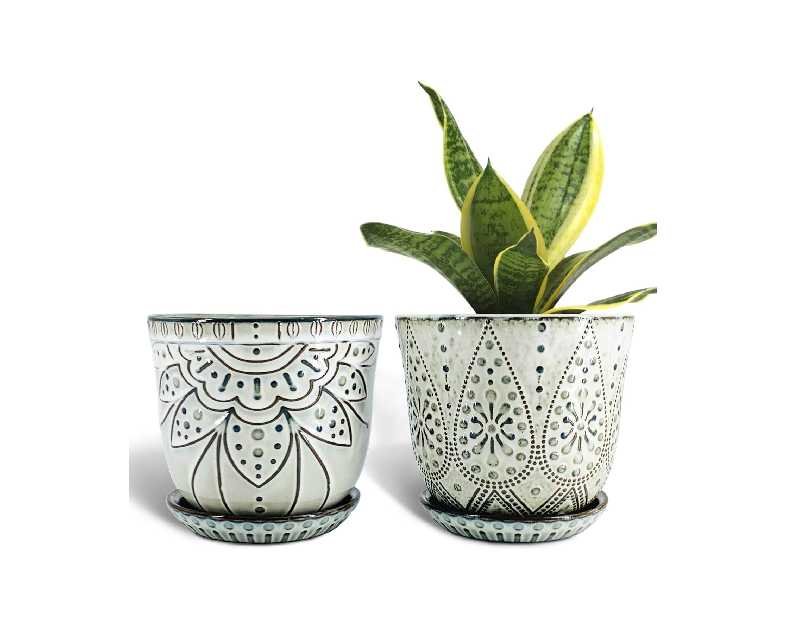Gepege 6 Inch Beaded Ceramic Planter Set of 2 with Drainage Hole and Saucer for Plants, Indoor-Outdoor Large Round Succulent Orchid Flower Pot (Smoked Gray, Inner-pots not Larger Than 5 Inch)