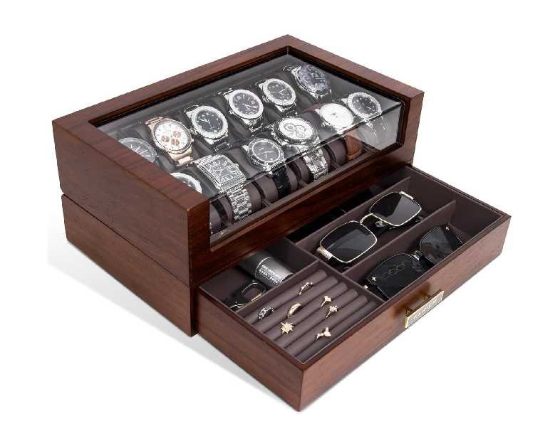 High End Watch Box for Men, 12 Slot Wooden Watch Case With Drawer, Watch Display Box with Glass Lid, 2-Layer Watch Holder for Jewelry and Watch Storage for Men Women , Ideal for Gift (With Gift Box)