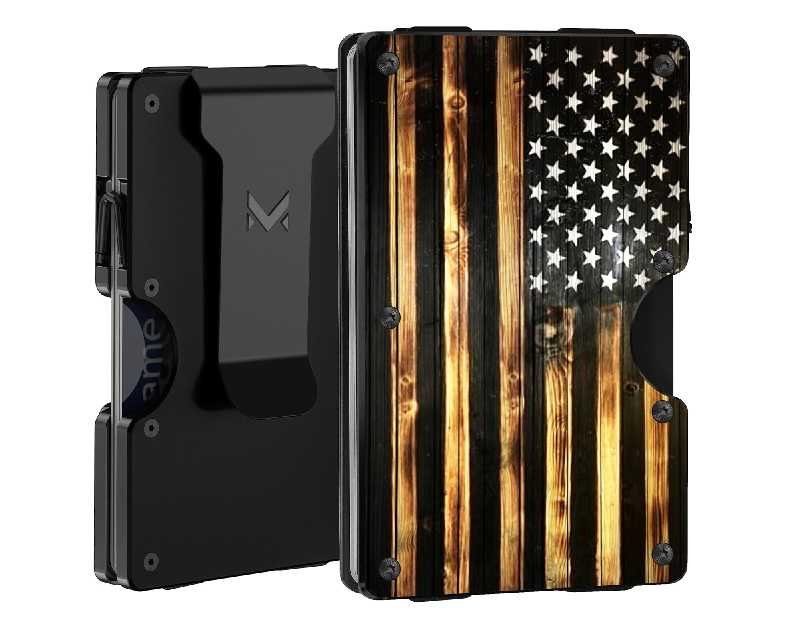 Minimalist Aluminum Wallet for Men, Slim RFID Blocking Money Clip, Front Pocket Metal Card Holder for Business Travel, Wood Grain American Flag, Personalized USA Gifts for Soldiers Veteran