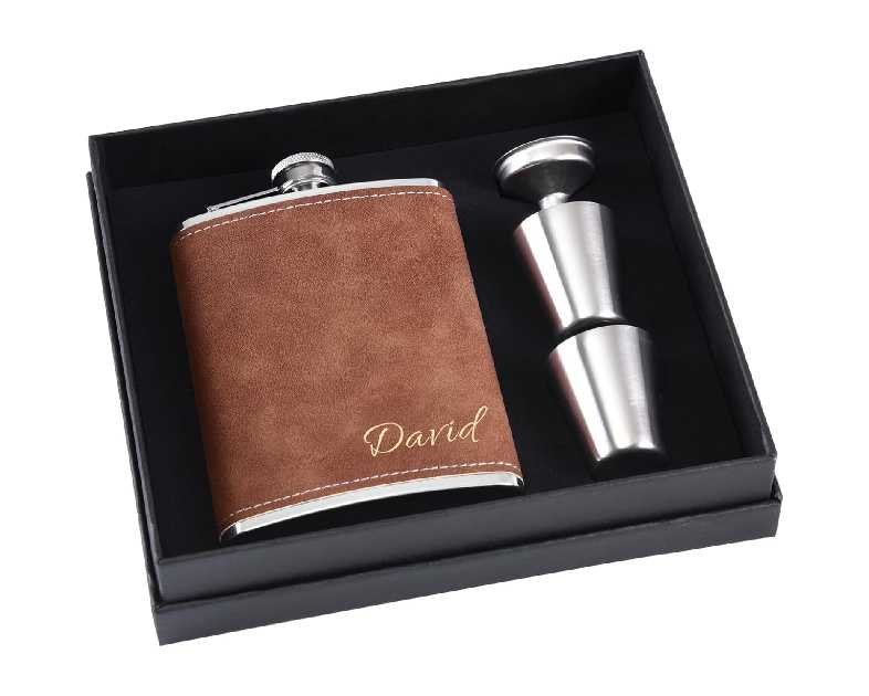 Personalized Flask Gift Set for Men, 8 oz 304 Stainless Steel Engraved Hip Flasks with Name, Custom Flask for Wedding Groomsmen Gifts (Brown)