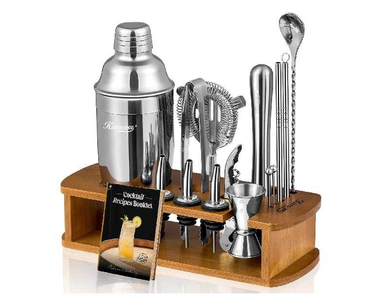 KITESSENSU Cocktail Shaker Set Bartender Kit with Stand | Bar Set Drink Mixer Set with All Essential Accessory Tools: Martini Shaker, Jigger, Strainer, Mixer Spoon, Muddler, Liquor Pourers |Silver