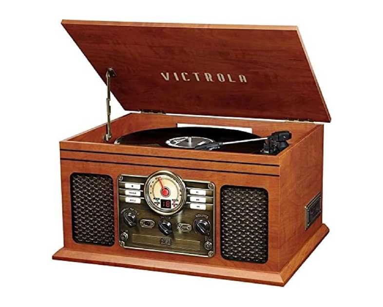 Victrola The Quincy 6-in-1 Bluetooth Record Player & Multimedia Center with Built-in Speakers – 3-Speed Turntable, CD & Cassette Player, AM/FM Radio, Wireless Music Streaming (Mahogony)