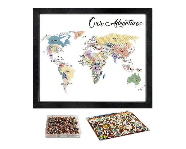 flinelife World Map Pin Board,12X10, World Travel Map With Pins, Perfect For Couples or Retirement Gift