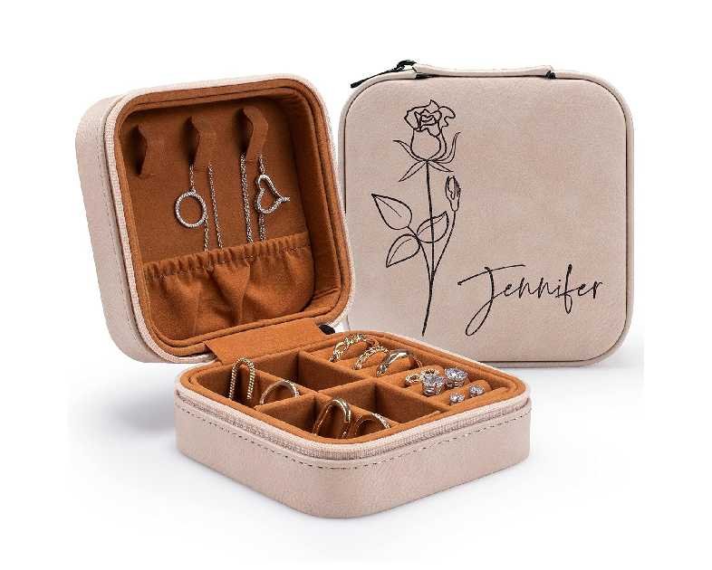 Custom Leather Customized Jewelry Organizer Box w/Name & Birth Flower Month - Birthday Gifts for Women, Mom Personalized Jewelry Travel Case - Beige