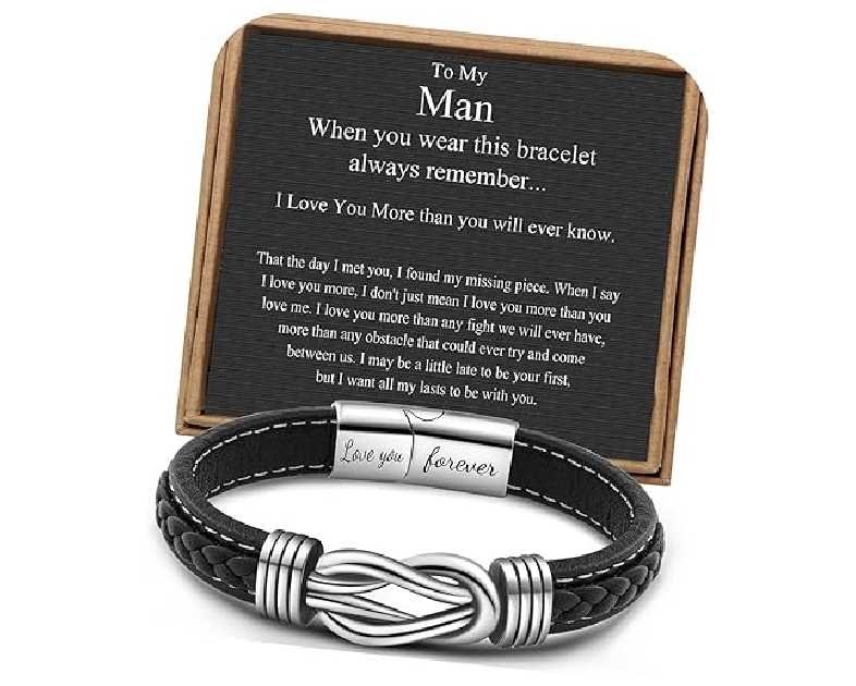 𝗞𝗻𝗼𝘁 𝗕𝗿𝗮𝗰𝗲𝗹𝗲𝘁 𝗚𝗶𝗳𝘁𝘀 𝗳𝗼𝗿 𝗠𝗲𝗻 Brown Braided Leather Stainless Steel Infinity Bracelets Lettering Love You Forever Gifts for Son Grandson Husband Boyfriend Brother Always Linked Together