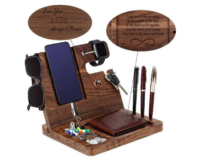 Wooden Phone Docking Station for Men - Engraved Nightstand Organizer, Phone Holder, Key, Wallet, Watch Stand, Christmas, Anniversary, Birthday Gifts for Boyfriend, Husband(Walnut)