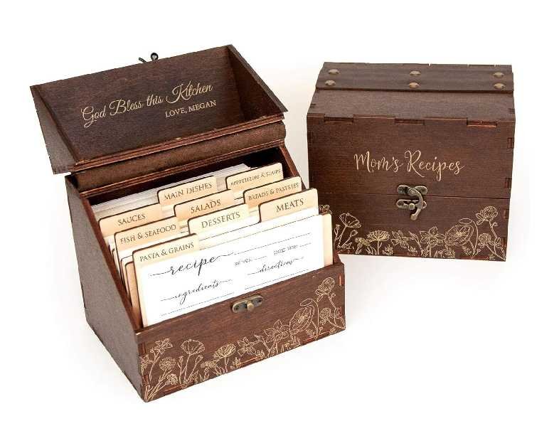 Personalized Recipe Box with Wooden Dividers - Gift for Mom - Gift for Grandmother - Engraved Recipe Card Box - Custom Recipe Box with Cards 4x6 - Wood Kitchen Décor - Wedding Bridal Shower Gift