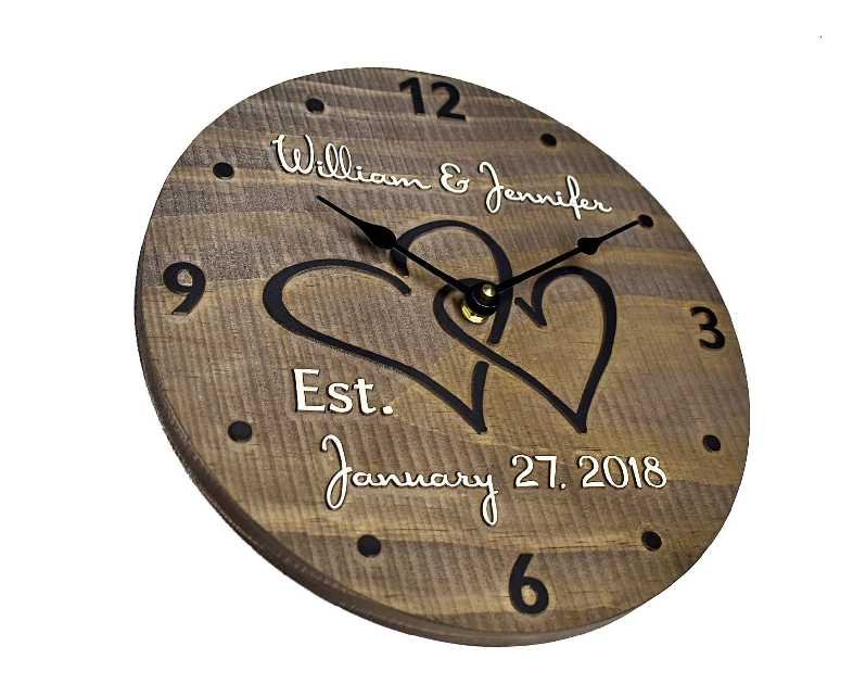 11 Inch Personalized Wooden Wall Clock with Interlocking Hearts for Couple - Handmade Wood