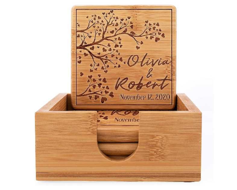 Personalized Coasters for Drinks, Set of 4, Laser Engraved Wedding Wooden Coaster w Holder | 14 Customizable Designs | - House Warming Presents for New Home, Custom Bamboo Coasters for Couples
