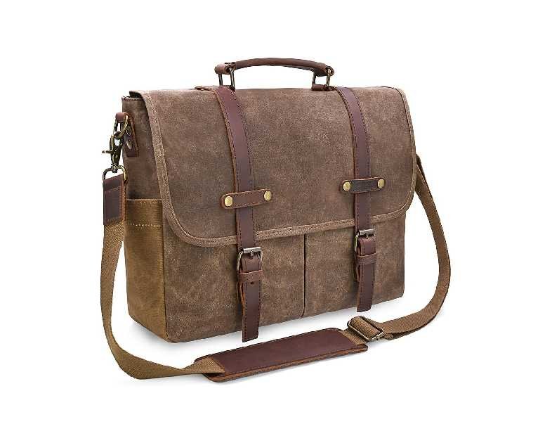 Mens Messenger Bag 15.6 Inch Waterproof Vintage Genuine Leather Waxed Canvas Briefcase Large Leather Computer Laptop Bag Rugged Satchel Shoulder Bag, Brown