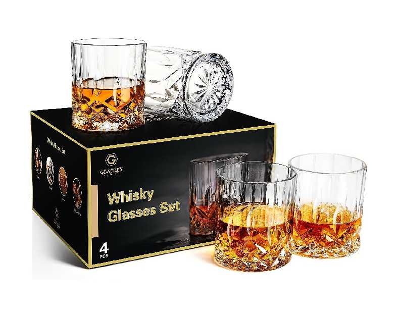 GLASKEY Whiskey Glasses Set of 4,Rock Glasses,11 oz Lead-Free Crystal Bourbon Glass,Old Fashioned Glass for Bourbon,Cognac,Irish Whisky,Personalised Whisky Glass Gift Set for Men,Dad,Brother