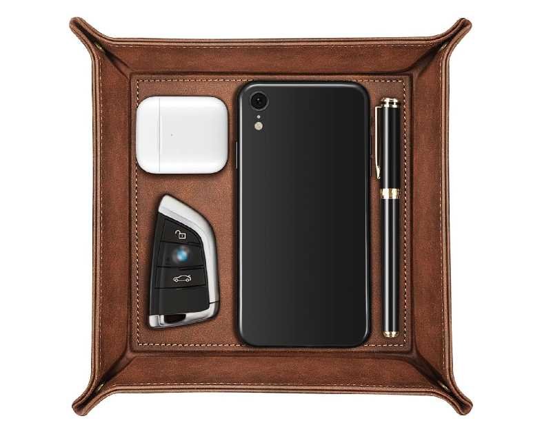 SITHON Valet Tray Desktop Storage Organizer – Premium PU Leather Catchall Bedside Vanity Tray Nightstand Caddy Holder for Remote Controller, Keys, Phone, Wallet, Coin, Jewelry, Brown