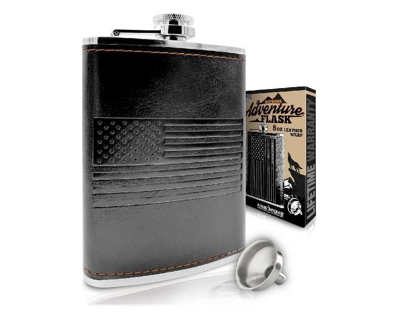 Leather American Flag Hip Flask - Leak Proof Food Grade Stainless Steel for Whiskey or Bourbon Liquor | Bonus Funnel (USA 8 Ounce Flask, Black Leather Wrap)