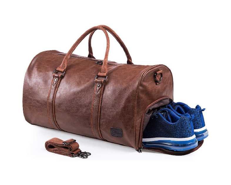 Leather Travel Bag with Shoe Pouch, Waterproof Weekender Overnight Bag,Carry On Duffel Bag for Men Women-Brown