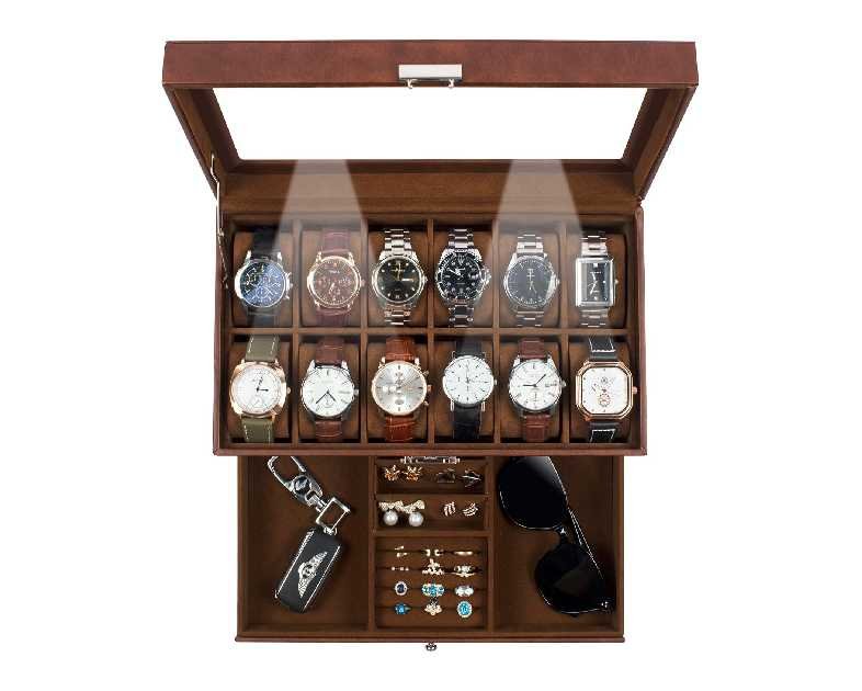 GUKA Watch Box 12 Slot Watch Display Organizer Leather Jewelry Case Drawer Glass Birthday for Men Women, Child Husband Dad GK-012-BROWN-LED-24