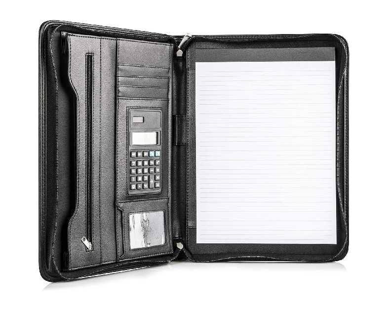 Cossini Black Superior Vegan Leather Business Portfolio with Zipper – Padfolio All-in-One. Smartest Protective 10.1 Inch Tablet Sleeve, Presentation Slot, Solar Calculator, Card Storage, Writing Pad