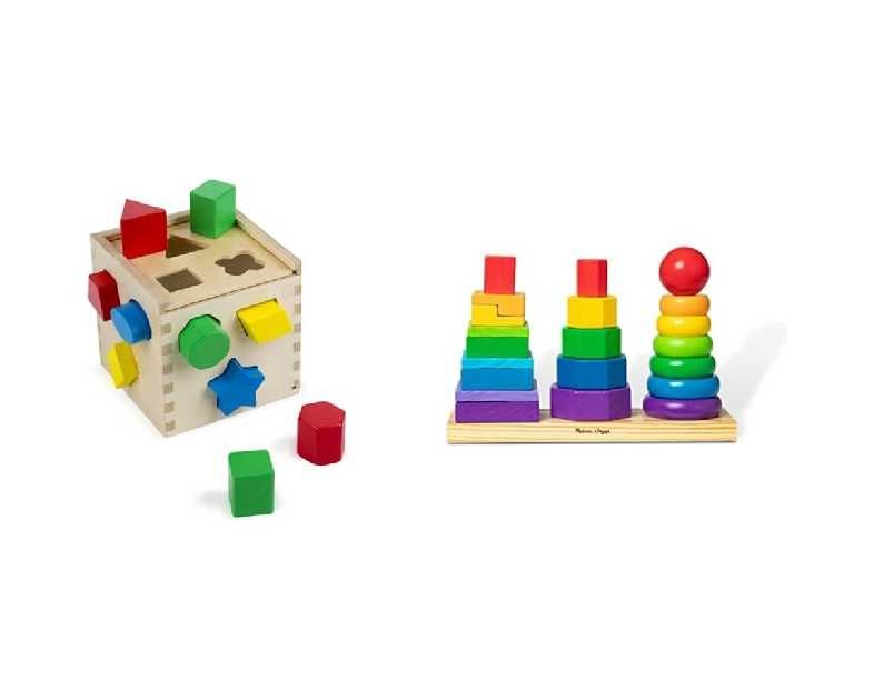 Melissa & Doug Geometric Stacker - Wooden Educational Toy & Shape Sorting Cube - Classic Wooden Toy with 12 Shapes