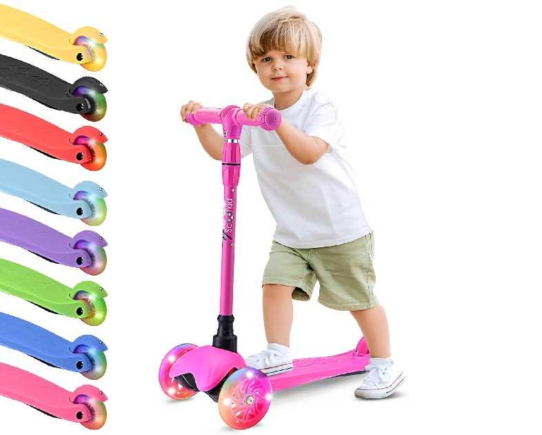 Hurtle Mini Kickboard 3 Wheel Scooter for Kids Ages 2-5 – Lean-to-Steer Toddler Scooter with Light-Up LED Wheels, Adjustable Height & Rear Foot Brake for Boys & Girls, Anti-Slip, Indoor/Outdoor
