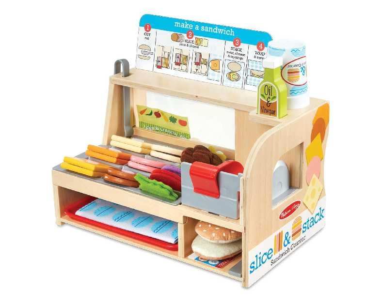 Melissa & Doug Slice-Stack-Serve, Wooden Sandwich Counter Pretend Play Store with Play Food Toys, Play Money & Deli Slicer, Preschool Toys for Kids 3+
