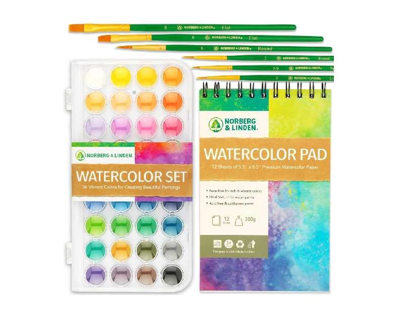 Norberg & Linden Watercolor Paint Set - 36 Premium Paints - 12 Page Pad - 6 Brushes - Painting Supplies with Palette, Watercolors, Art Pad Paper and Artist Brushes