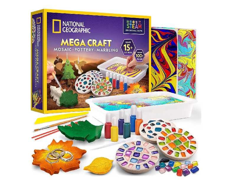 National Geographic Mega Arts and Crafts Kit for Kids – Mosaic Kit, Marbling Paint Kit & Air Dry Clay Pottery Kit – Art Projects for Kids Ages 8-12, Crafts for Girls and Boys (Amazon Exclusive)