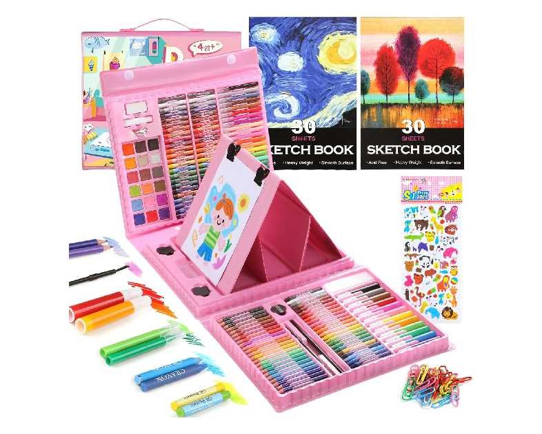 237-Piece Kids Art Set with Double-Sided Easel, Painting Kits for Kids Ages 4-8, Non-Toxic Art Supplies for Girls & Boys, Drawing Set with Watercolor, Oil Pastels, resent for Young Artists-Pink