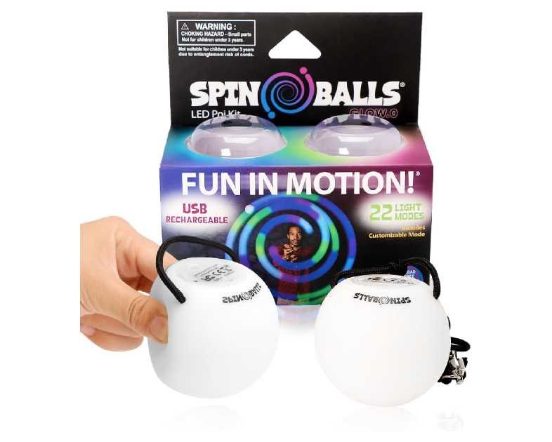 SPIN BALLS Glow.0 LED Poi – USB Rechargeable w/ 22 Vibrant Color Light Modes & Patterns – Durable, Soft-Core Spinning Balls w/Adjustable Leashes & Double-Loop Handles