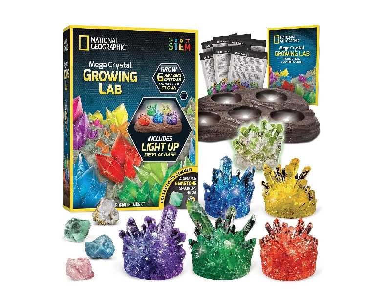 National Geographic Mega Crystal Growing Kit - Grow 6 Crystals with Light-Up Stand, Science Gifts for Kids 8-12