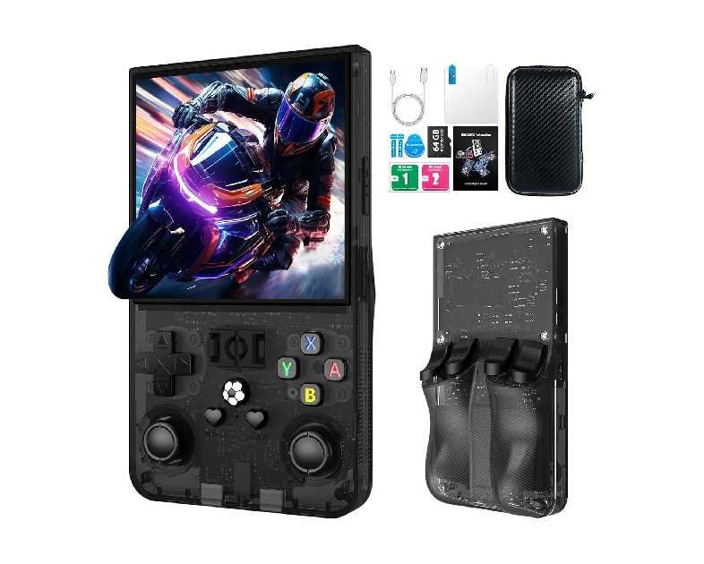R36MAX Retro Handheld Game Console, 4.0 Inch IPS HD Screen Retro Gaming Console, Linux System, 30＋Emulator Games Retro Game Console, 4000mAh Battery, Built-in 64G TF Card, Black