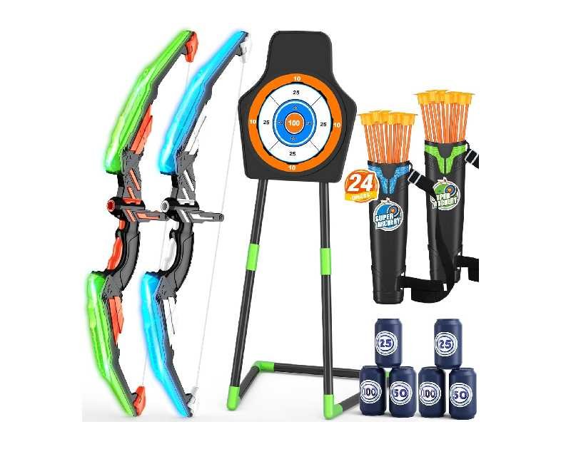 2 Pack Bow and Arrow for Kids, LED Light Up Archery Set with 24 Suction Cup Arrows, 1 Standing Target, 6 Score Targets & 2 Quiver, Indoor Outdoor Sport Gifts for Boys Girls Ages 4-8