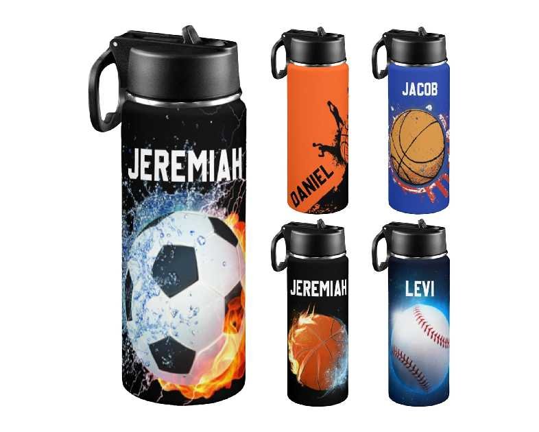 Personalized Water Bottle for Kids for School, Customized Kids Insulated Bottle with Name for Boys, Stainless Steel Thermo with Straw, 18oz, Back to School Supply, Basketball Soccer Baseball