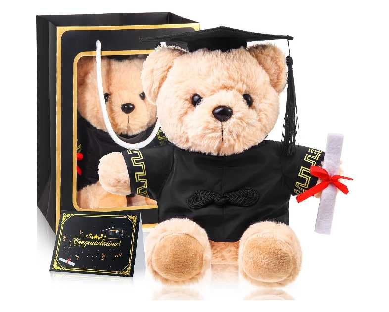 Bear with Graduation Cap Toys Class of 2025 Plush Stuffed Teddy Bear Animal Dog Cap and Gown with Greeting Card and Bag for Graduation Day Gift(Black)