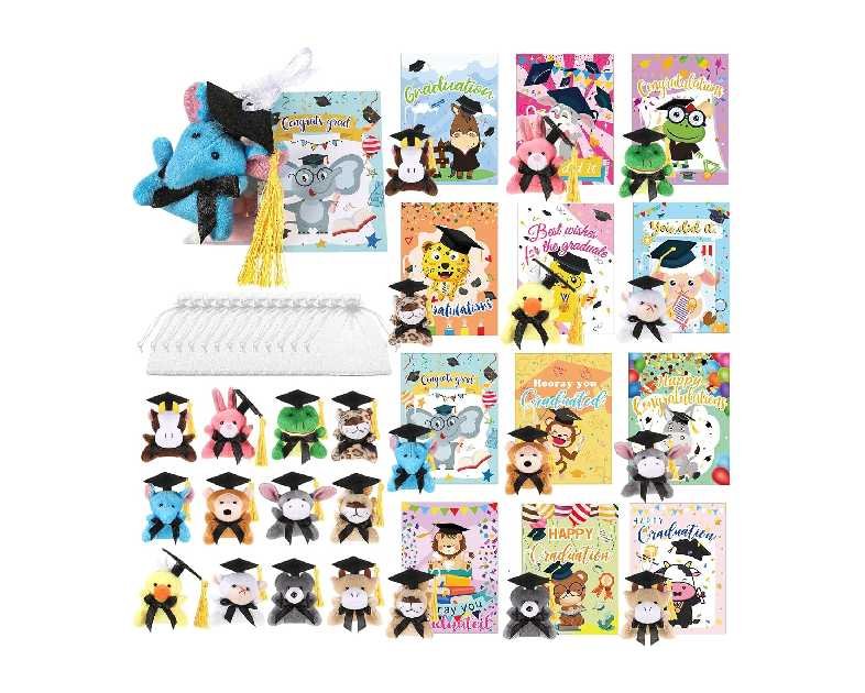 Hanaive 30 Sets Graduation Stuffed Animal Bulk Mini Animal with Grad Cap Card Bag Small Plush for Kindergartner College Gifts