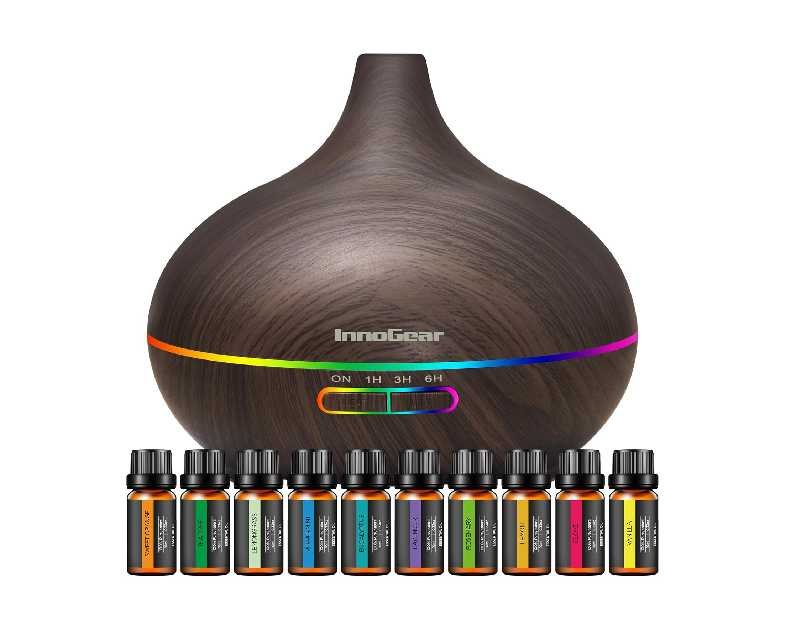 InnoGear Aromatherapy Diffuser & 10 Essential Oils Set, 400ml Diffuser Ultrasonic Diffuser Cool Mist Humidifier with 4 Timers 7 Colors Light Waterless Auto Off for Large Room Office, Dark Wood Grain