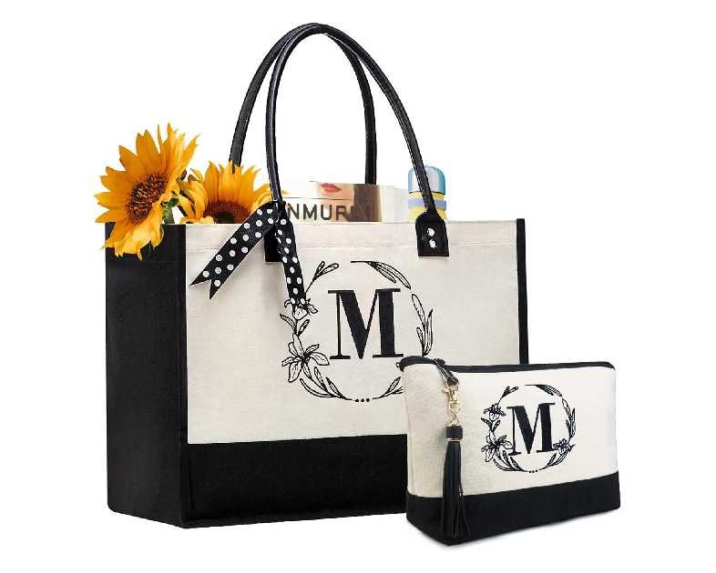 BeeGreen Christmas Birthday Gifts Personalized Women's Large White and Black Canvas Tote Bag, Embroidered Initials, Leather Handle, Zipper Closure
