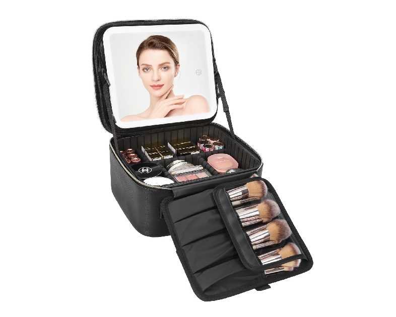 Relavel Travel Makeup Bag With LED Mirror, Cosmetic Train Case with Light up Mirror, Portable Makeup Artist Organizer Bag with Adjustable Dividers, Makeup Brush Holder Storage, Black
