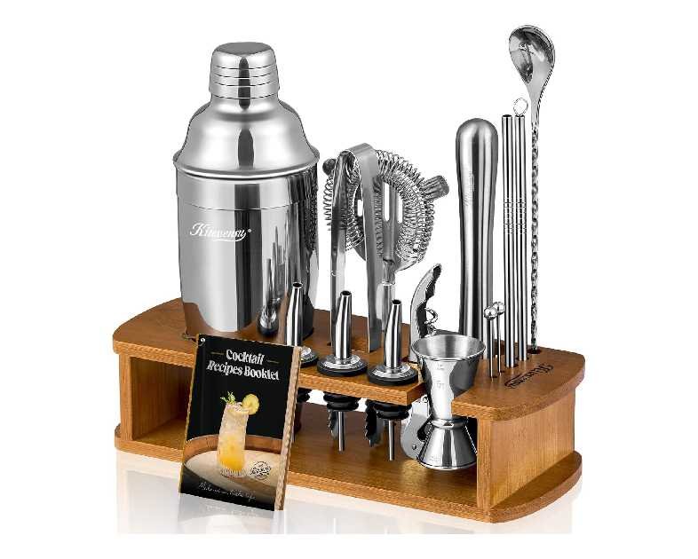 KITESSENSU Cocktail Shaker Set Bartender Kit with Stand | Bar Set Drink Mixer Set with All Essential Accessory Tools: Martini Shaker, Jigger, Strainer, Mixer Spoon, Muddler, Liquor Pourers |Silver