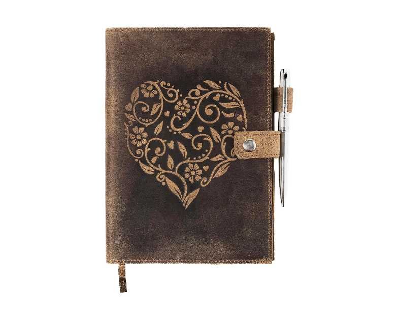 moonster Refillable Leather Journal Embossed Heart Shape Cover Design Journals with Pen – Milled A5 Leather Journal Lined Paper - Journals for Women – Vintage Journal - 320 Pages