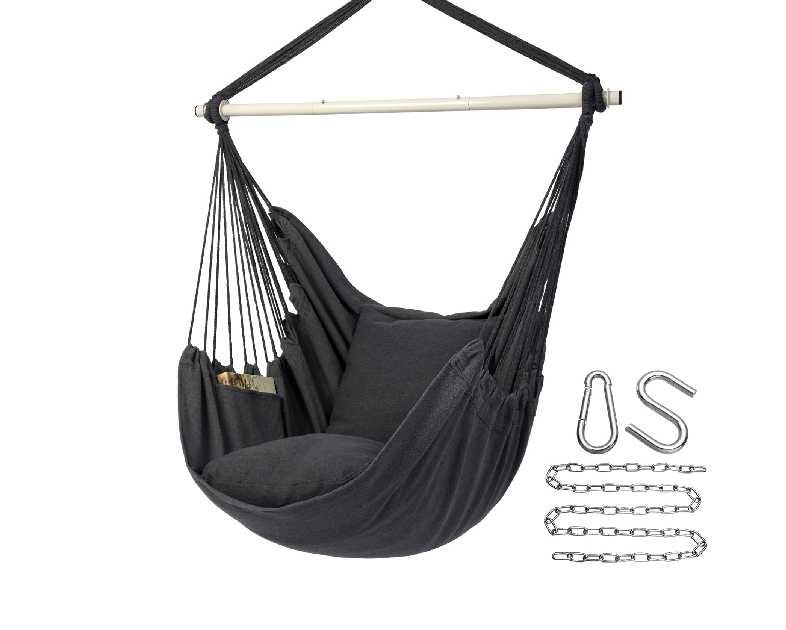 Y- STOP Hammock Chair Hanging Rope Swing Chair, Max 500 Lbs, 2 Seat Cushions Included, Removable Steel Spreader Bar with Anti-Slip Rings, Hardware kit-for Indoor or Outdoor(Dark Grey)