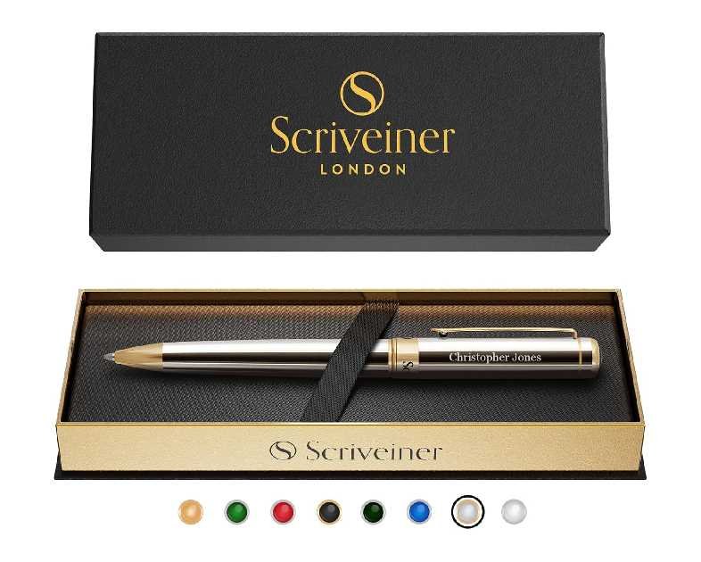 Scriveiner Personalized Silver Chrome Ballpoint Pen - Stunning Luxury Pen, Real Gold Plating, Schmidt Ink Refill, Best Engraved Ball Point Gift Set for Men & Women, Custom Name Engraving