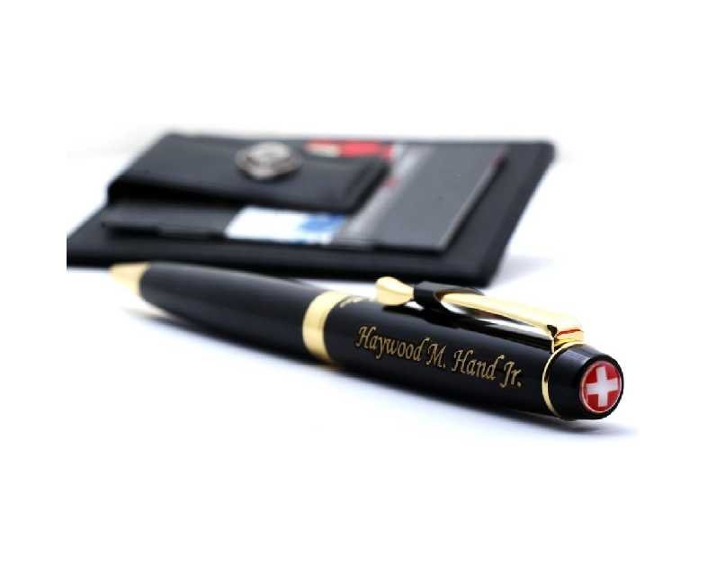 Swiss- Personalized Roller Ballpen, Ballpoint pen, Ball pen, Refillable Pen with Genuine Leather Pocket Money Clip Premium Gifts for men by womens