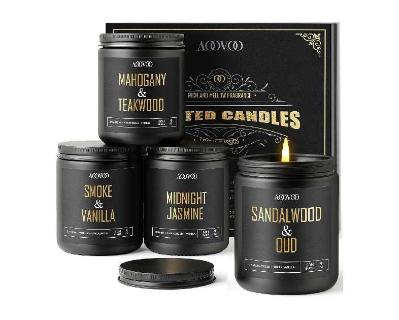 AOOVOO Scented Candles for Men - 4 Pack Candles for Home Scented, 36oz Soy Wax, 200 Hour Burn Time, Men Candle Set, Sandalwood Oud/Mahogany Teakwood/Smoke Vanilla/Jasmine Candle Set A