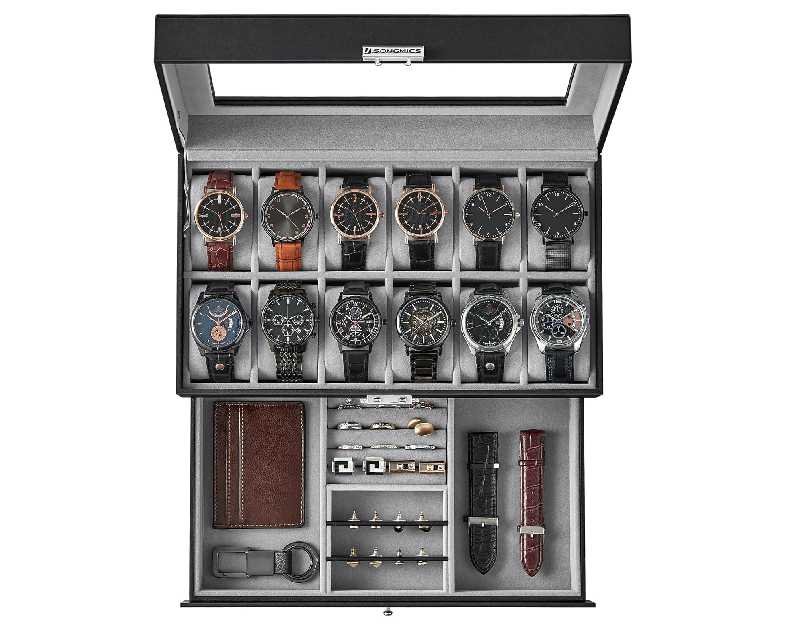 SONGMICS Watch Box, 12-Slot Watch Case Organizer with Large Glass Lid, 2 Layers, Removable Pillows, Metal Lock, Gift for Loved Ones, Black Synthetic Leather, Christmas Gift, Gray Lining UJWB012