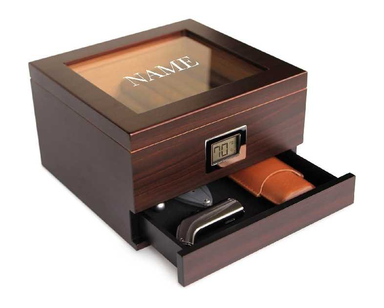 CASE ELEGANCE Monogrammed Glass Top Humidor with thick cedar, easy humidification system, accurate digital hygrometer - Renzo, Brown