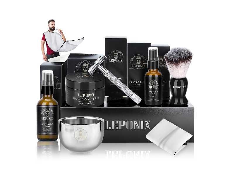 Shaving Kit for Men, Include Safety Razor, Sandalwood Cream, Aftershave, Pre Shave Oil, Shaving Brush and Bowl, Shaving Apron Bib -Unique Gifts for Him Stocking Stuffers