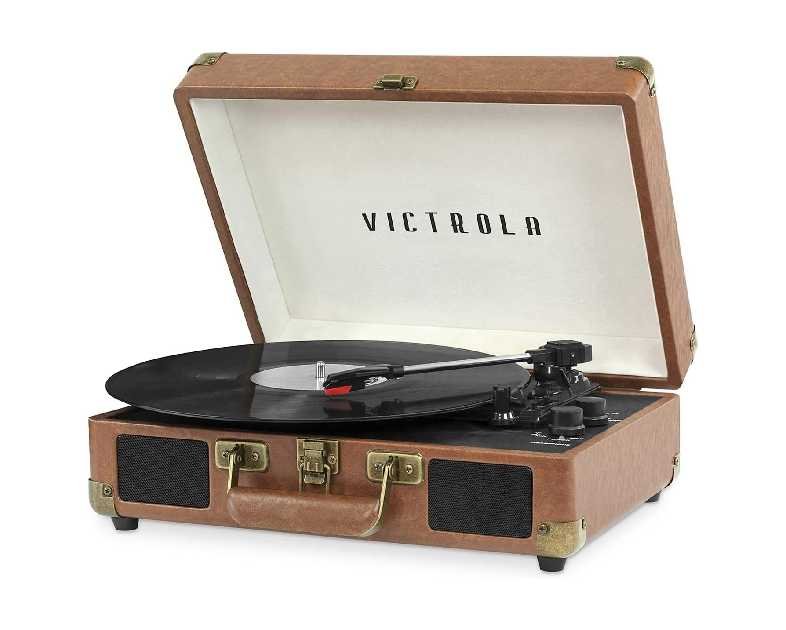 Victrola Journey Bluetooth Portable Suitcase Record Player – with Built-in Speakers, 3 Speed Vinyl Record Player, RCA Out, Headphone Jack (Brown)