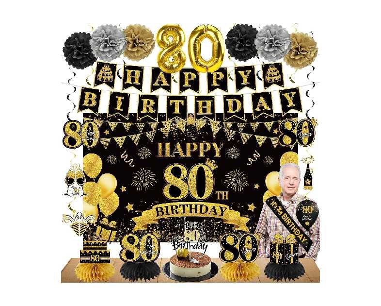 42PCS 80th Birthday Decoration Kit for Men Women, Black Gold Happy 80th Bday Banner Balloons Honeycomb Centerpiece Swirl Paper Pompoms Party Supplies, 80 Bday Sash Table Cake Topper Swirls Set