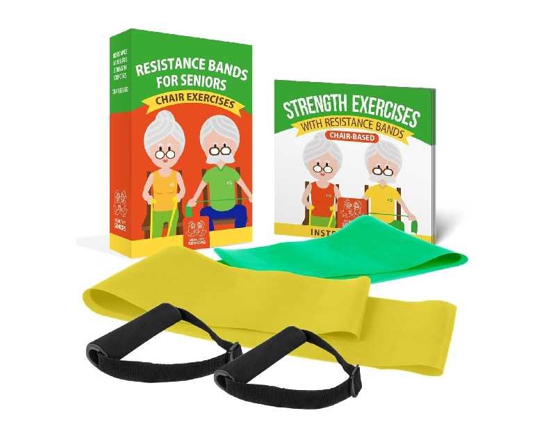 Chair Exercise Program with Two Resistance Bands, Handles and Printed Exercise Guide. Suitable for Rehab or Physical Therapy. Thoughtful Gift for Grandma or Grandpa